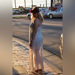 Roxy Crochet Beachy Halter Maxi Slit Dress Boho Bridal Bachelorette Size M